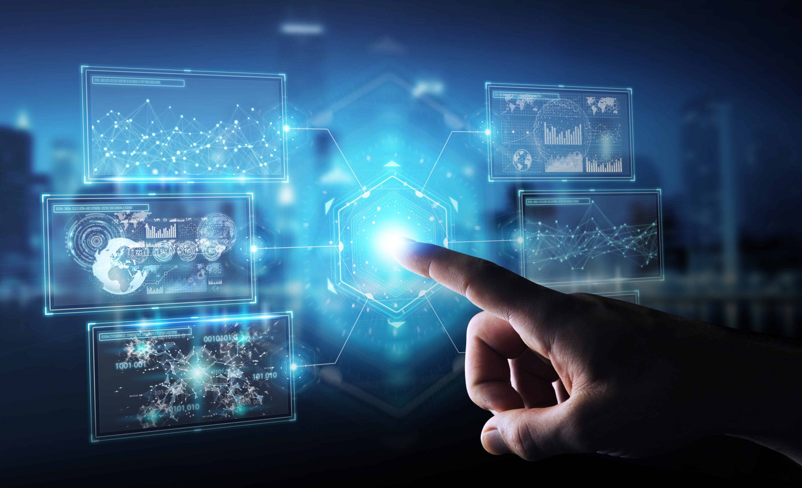 Futuristic digital interface with data analytics and technology visuals.
